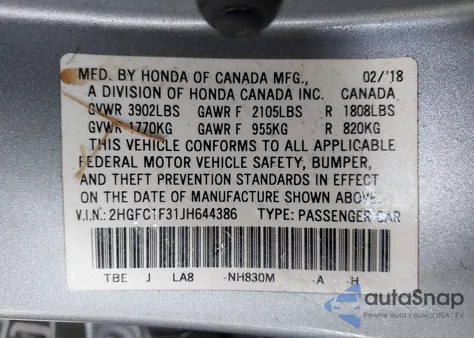 2018 Honda Civic Ex-T from USA, damaged, VIN 2HGFC1F31JH644386